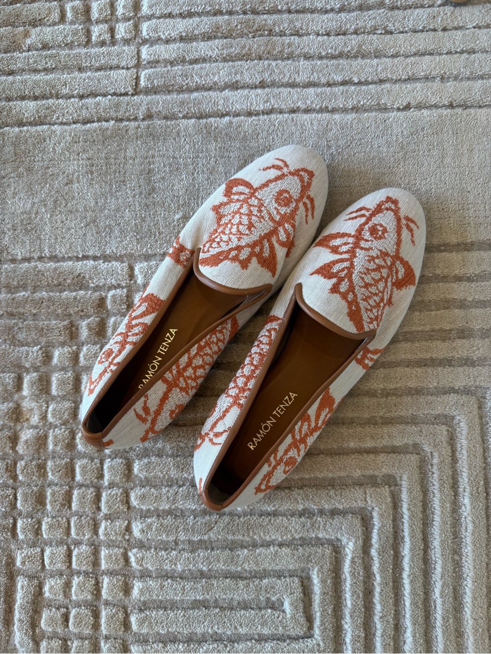 Ramon Tenza Cream and Rust Embroidered Fish Motif Slip-On Loafers